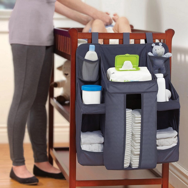 Stylish Grey Baby Crib Bedside Storage Bag - Perfect for Diapers and More!