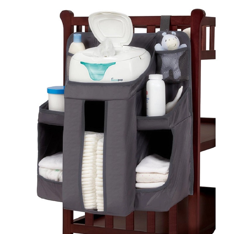 Stylish Grey Baby Crib Bedside Storage Bag - Perfect for Diapers and More!