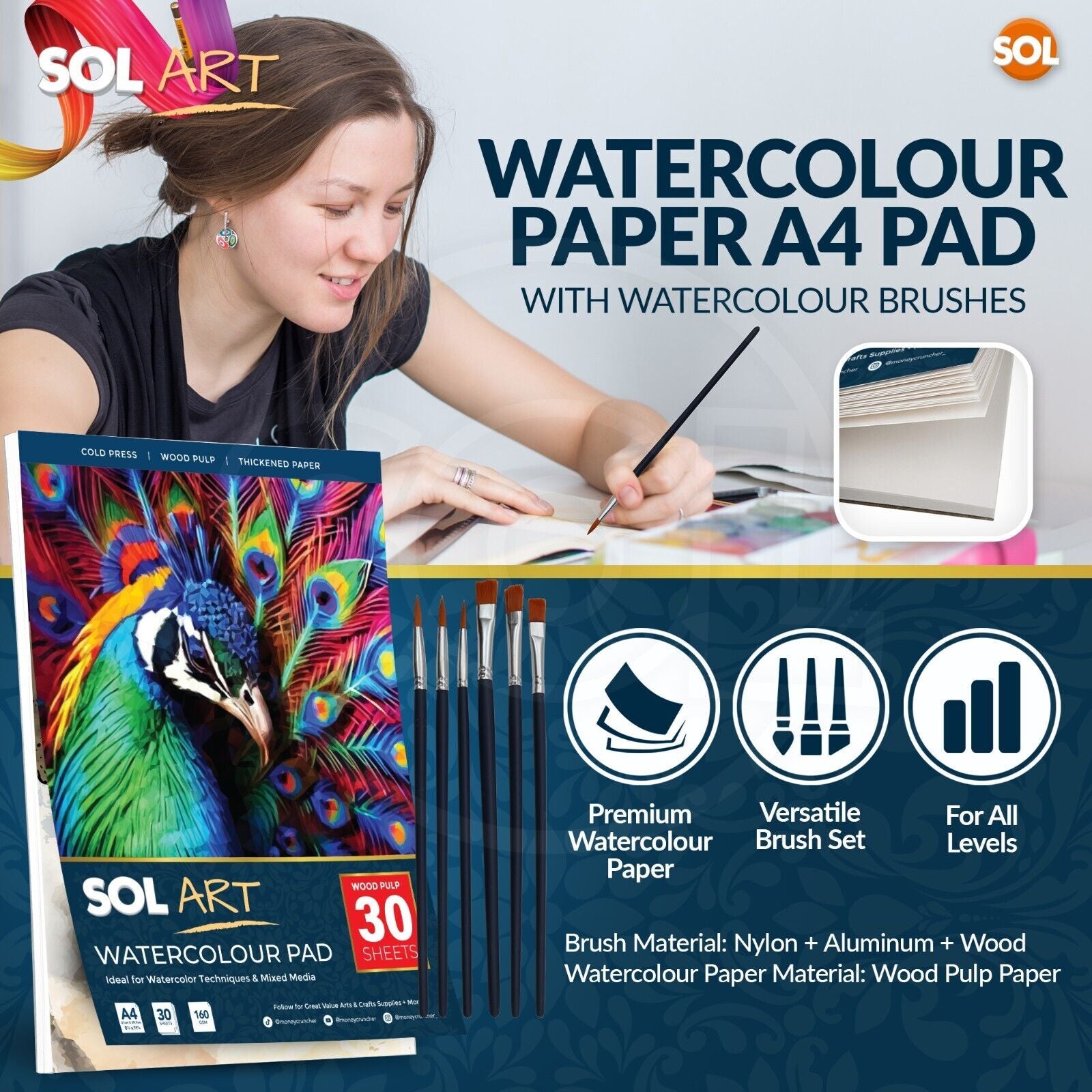 30Pk Watercolour Pad Paper Cold Pressed Premium A4 Sketch Drawing Sheets 160GSM