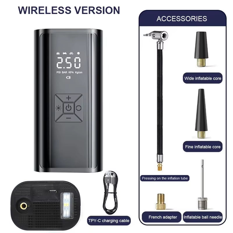 Powerful Wireless Car Air Compressor - The Ultimate Electric Tire Inflator for Cars, Motorcycles, Bicycles, and More!