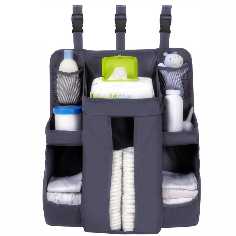 Stylish Grey Baby Crib Bedside Storage Bag - Perfect for Diapers and More!